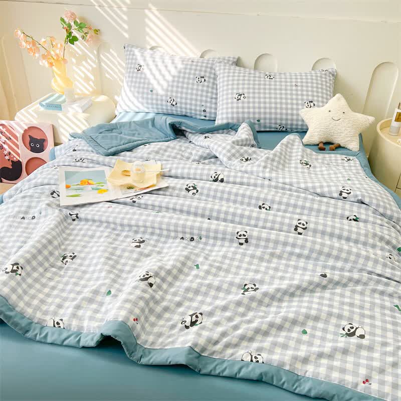软贝A类夏凉被 混纺棉花被 空调被可机洗纤维被子被芯夏季午睡盖被 蓝格子熊猫 180x200cm单夏被