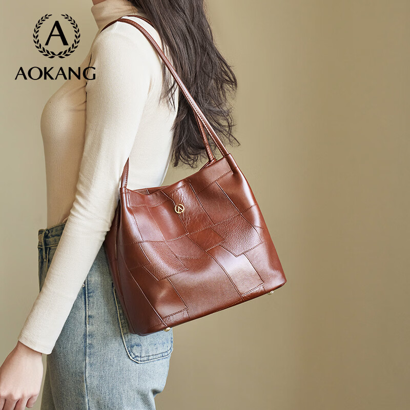 奥康（Aokang）包包女包手提包新款复古托特包印花斜挎单肩包生日礼物高级感实用 艺术拼贴咖啡色-BG703175