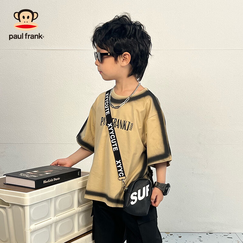 大嘴猴（paul frank）童装儿童短袖T恤2025款男女童宽松舒适休闲纯棉中大童上衣 89F卡其 150
