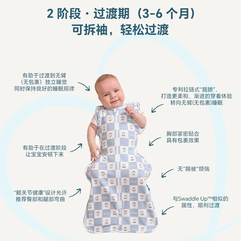 LOVE TO dream【米菲联名款】新生儿防惊跳睡袋婴儿睡袋纯棉防踢被宝宝投降式 格纹桦色1.0tog四季款（包装升级 袋装发货） S码：4-7斤（新生儿）
