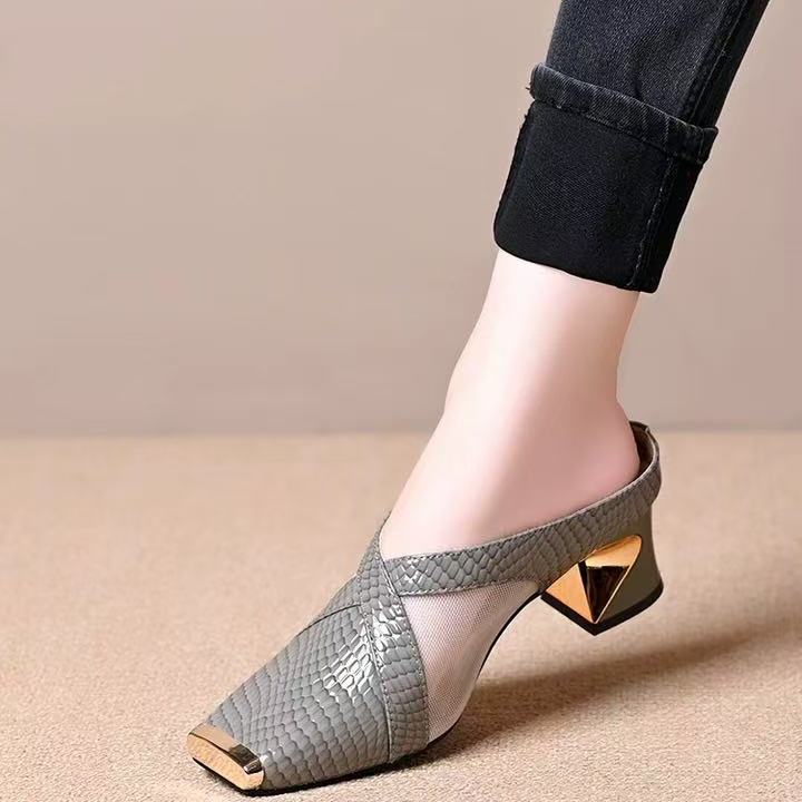 2026新款包头半拖鞋女夏季新款时尚粗跟舒适百搭高跟凉拖Z-105 灰色 37