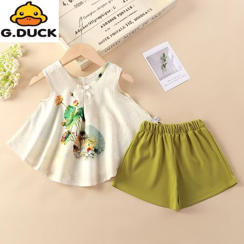 G.duck女童国风夏装吊带儿童汉服套装2026新款服饰女宝宝夏款外穿两件套 国风套装-白色白裤子 110
