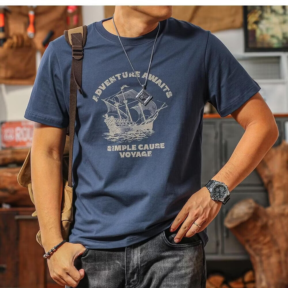 【专柜轻奢】男士短袖t恤2026新款爆款夏季 美式复古帆船印花半袖 湛蓝色 M (110-125斤)