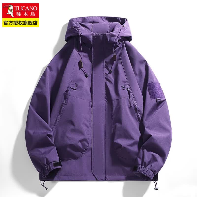 啄木鸟（TUCANO）户外运动冲锋衣男士春秋工装防风夹克连帽防水登山服外套女 紫色 XL (建议125-145斤）