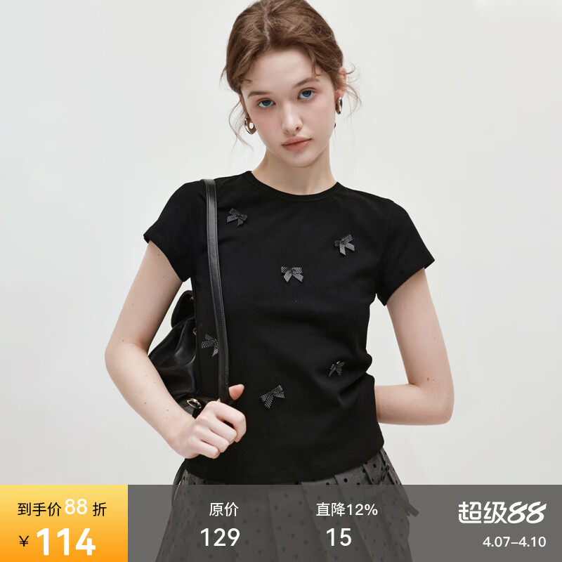 fano studios范洛蝴蝶结拼接圆领短袖T恤2026夏季新款简约风正肩设计感上衣女 黑色 M （25天内发货）