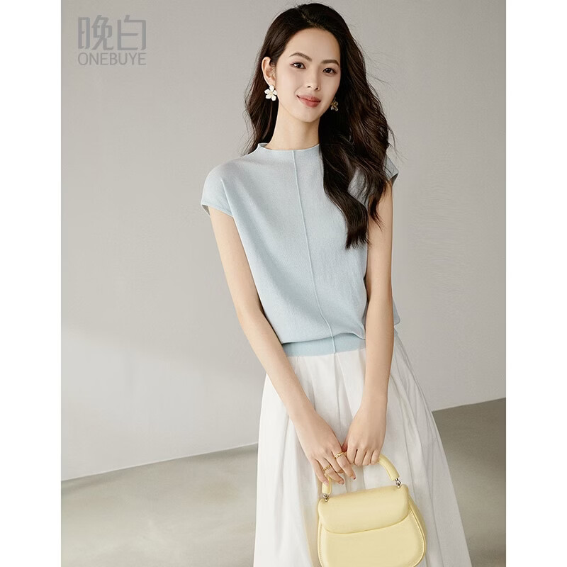 晚白【新品】今年流行短袖针织衫女2026夏款气质婴儿蓝百搭t恤上衣 蓝色 M