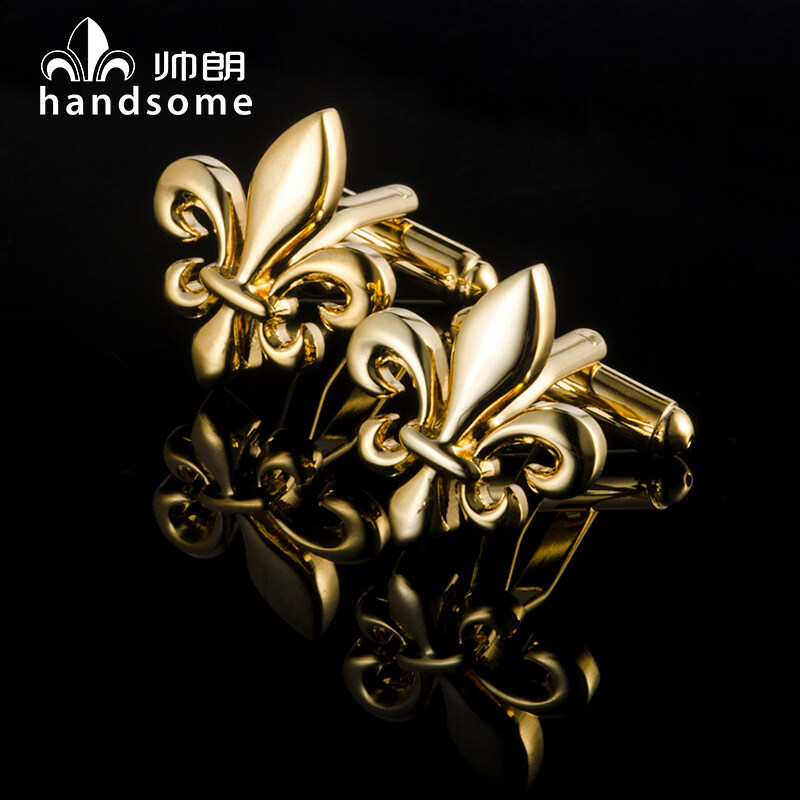 帅朗LOGO品牌袖扣镀金铜金属袖钉百合花造型法式衬衫扣袖口扣 金色 18*20mm