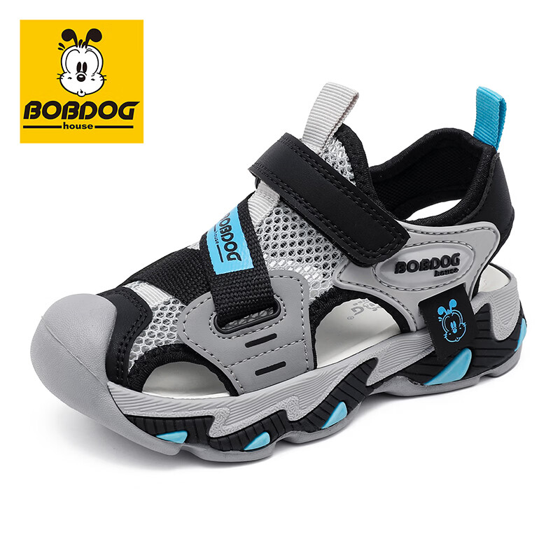巴布豆（BOBDOG）童鞋2026夏季百搭儿童运动凉鞋大童镂空休闲鞋男童沙滩鞋女宝鞋子 黑/浅麻灰 30 适合脚长18.5cm