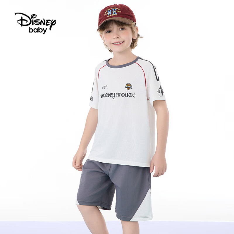 迪士尼（Disney）童装男女童套装个性印花短袖T恤透气运动短裤两件套夏篮球服套装 本白 150 高145-155cm重70-85斤