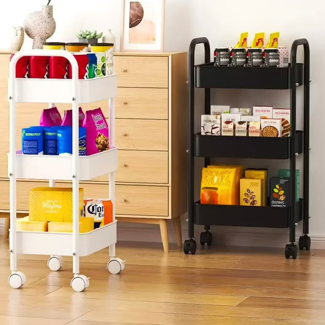 简友探收纳小神器 厨房卧室床头客厅家用零食蔬菜水果杂物收纳置物架 碳钢小推车 3层 41*29.5*73cm 黑色 1个