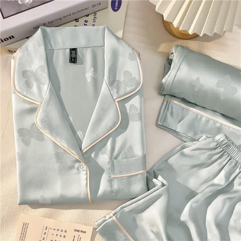 德莉娅2026新款女士真丝睡衣带胸垫桑蚕丝薄款家居服套装送女友闺蜜礼物 加胸垫水蓝色蝴蝶短袖+长裤 【真丝礼盒装】 M 【适合80-100斤】