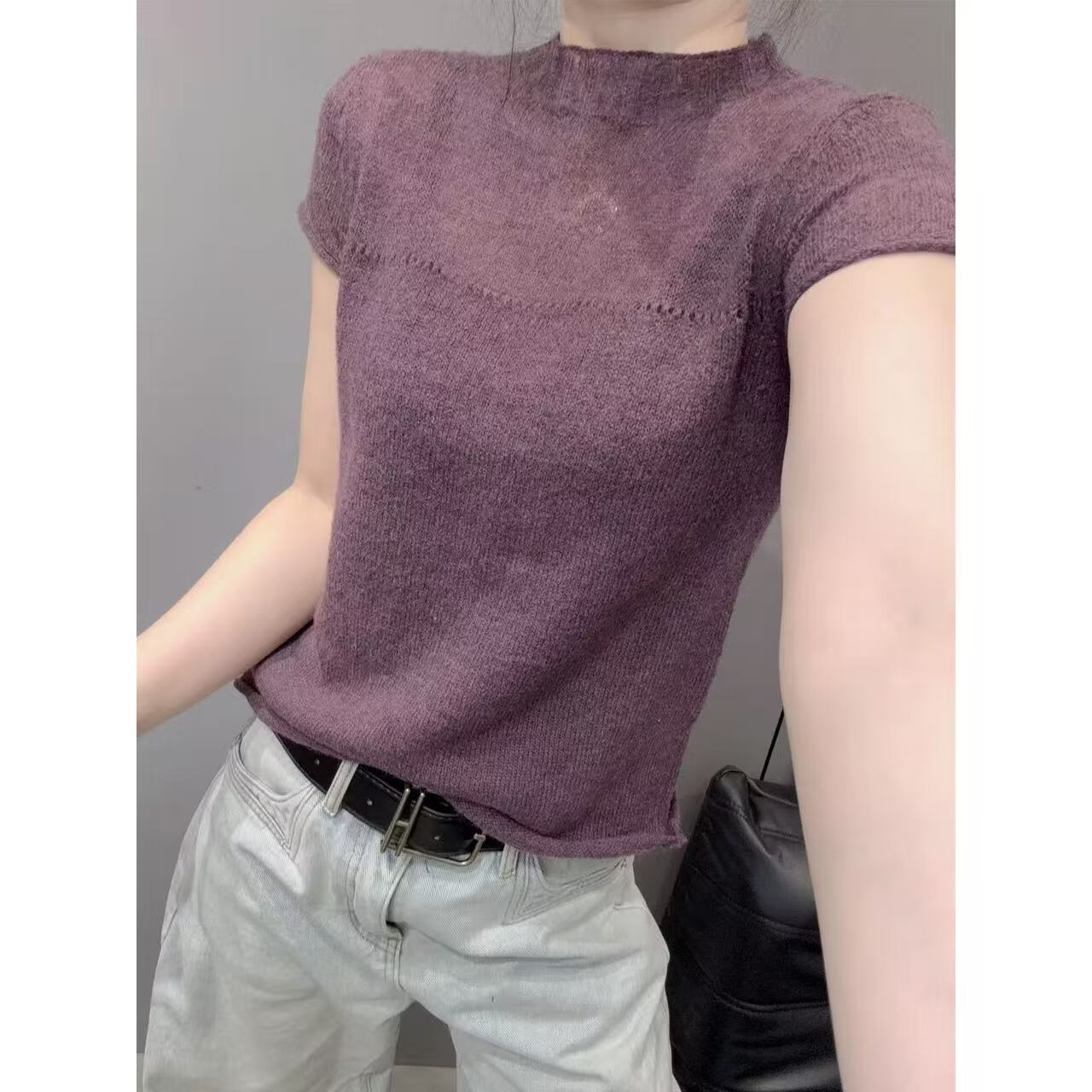 圆领薄款镂空针织打底衫内搭春季短袖T恤修身气质好看上衣女JL 紫色 均码 【90-150斤】