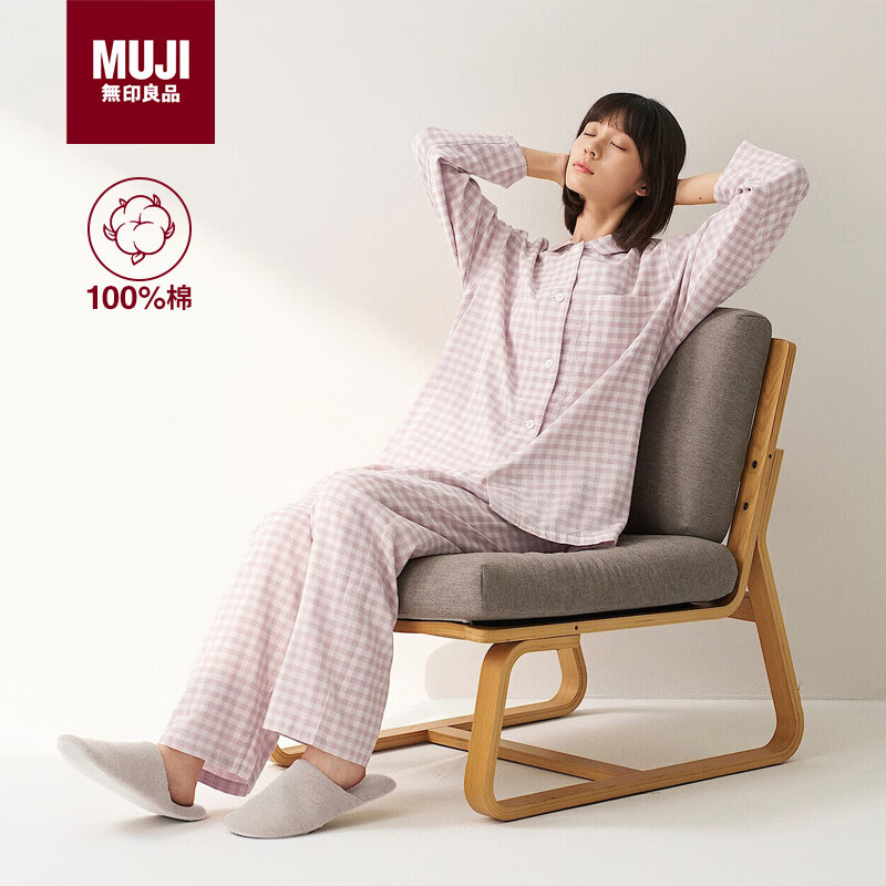MUJI[自营限定款]女士无侧缝 双层纱织睡衣  纯棉家居服 浅粉色格纹 L