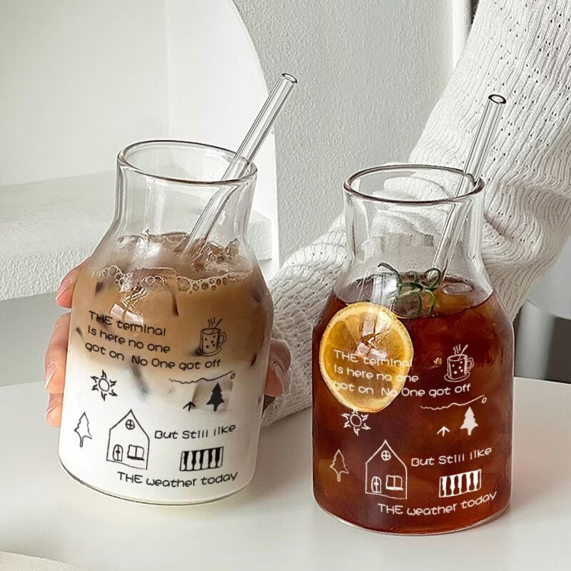 小红书同款耐热夏季茶杯果汁AA 2只白色+黑色+玻璃吸管 家用涂鸦水杯650ml