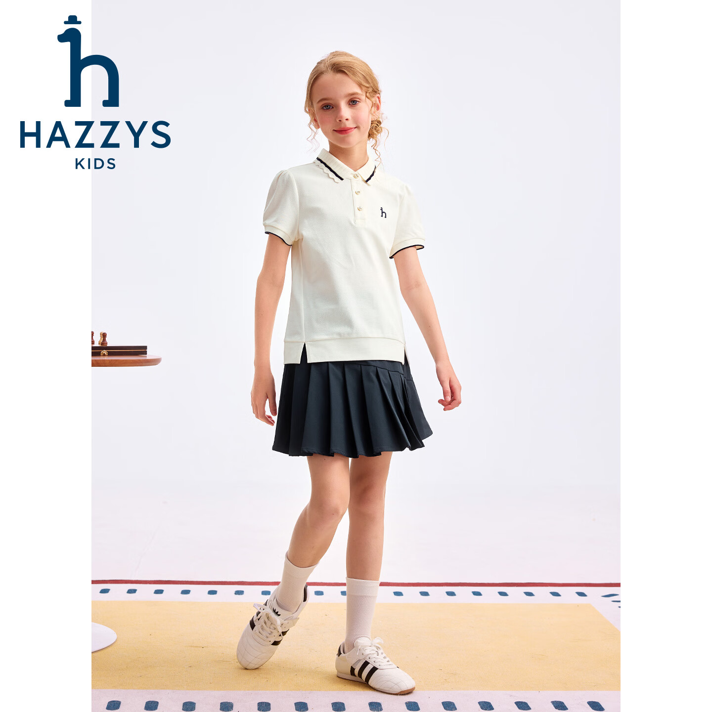 哈吉斯(HAZZYS)童装女童套装2026夏季新款大童甜美速干短袖polo衫学院风百褶短裙 米白色 145