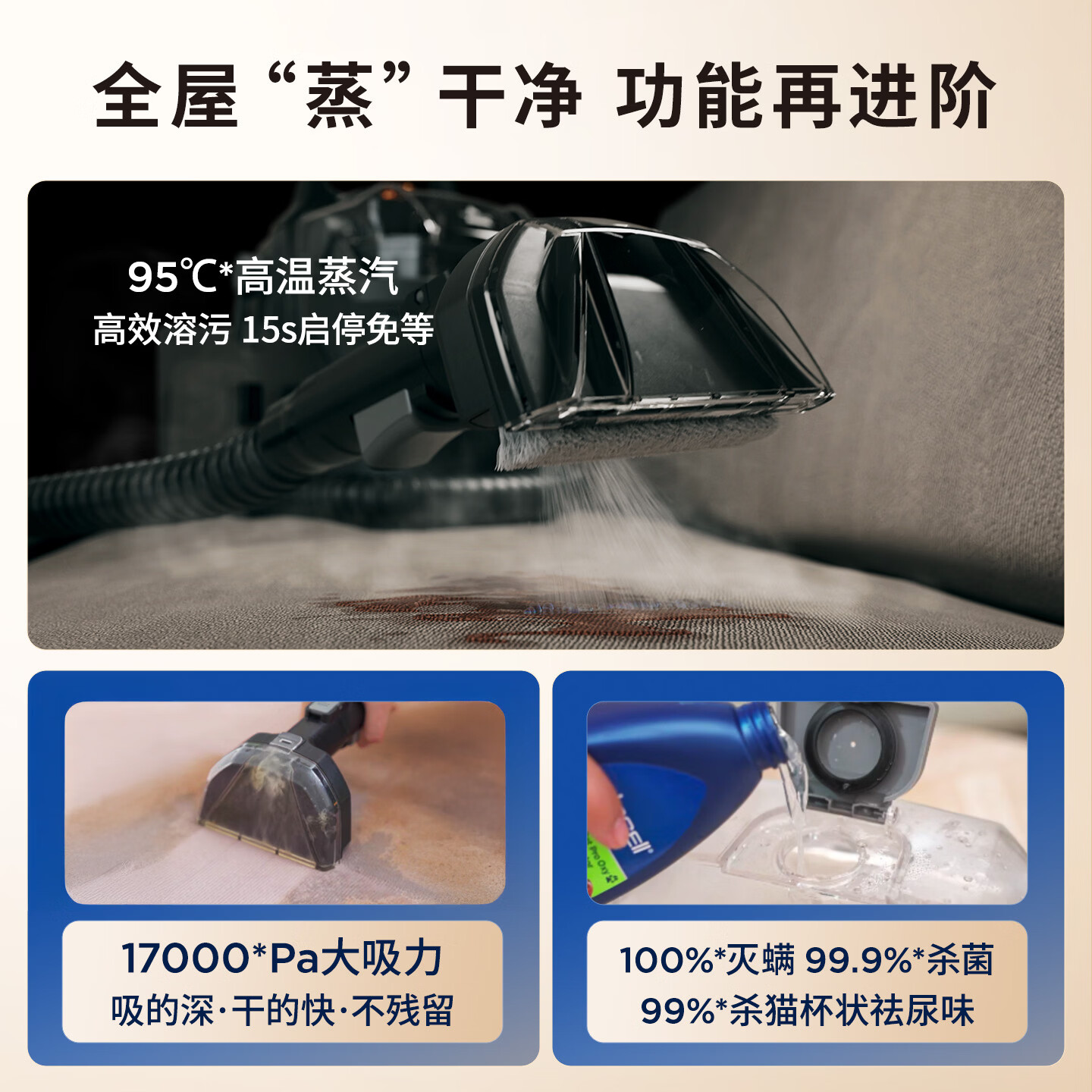 必胜（BISSELL）布艺清洗机蒸汽清洁机高温高压蒸汽洗吸一体机家用洗沙发地毯床垫窗帘清洁神器小蒸龙升级版3700Z 官方标配+全年清洁液套装