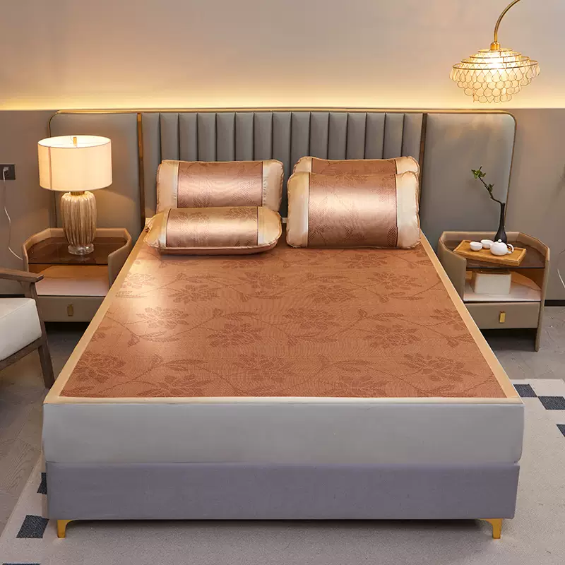 A夏季藤席凉席三件套家用可折叠席单双人夏天学生宿舍空调软席子 水中花 (送同款枕套)(不可水洗) 90cmX195cm