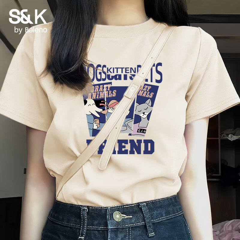 班尼路（Baleno）S&K100%纯棉短袖T恤女2026年夏季女装新款潮流时尚休闲百搭上衣 杏#Z旅游动物 M