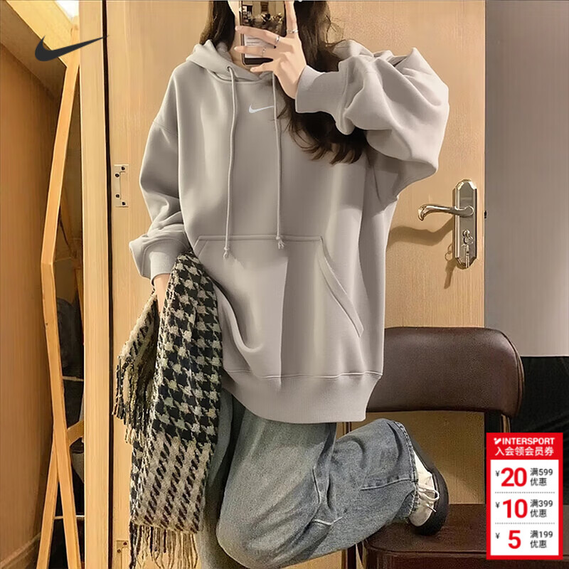耐克（NIKE）卫衣女装 26春季新款运动服休闲连帽针织套头衫宽松跑步舒适上衣 加绒经典灰色 M (160/84A)