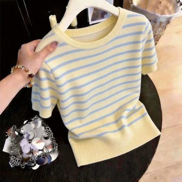 【早春特惠】设计感洋气冰丝上衣女夏季减龄条纹短袖T恤气质小衫 黄色 XL 建议110-130