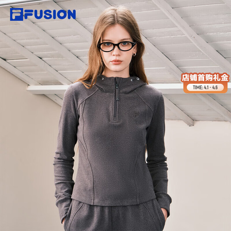 FILA FUSION斐乐潮牌女装连帽卫衣2026春季新款时尚修身针织上衣 B65深花灰-MG M 165/84A/M