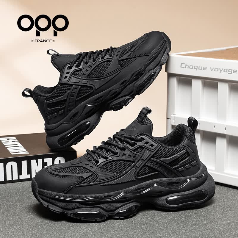 OPP男鞋夏季透气2026新款高级感老爹鞋男士运动鞋百搭休闲鞋软底增高 黑色 单层 44