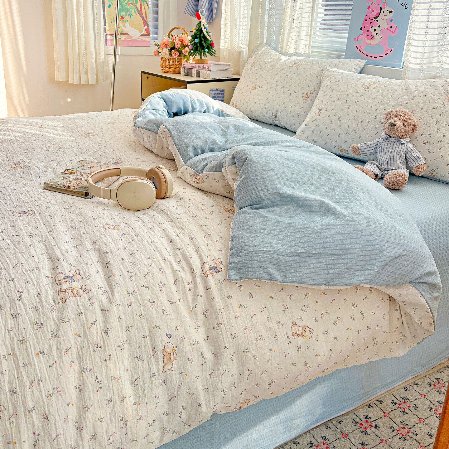 雅鹿A类四件套水洗棉床单被套双层纱母婴级床上用品学生宿舍三件套4 花园派对 1.5/1.8四件套 床单款 （被套200*230）