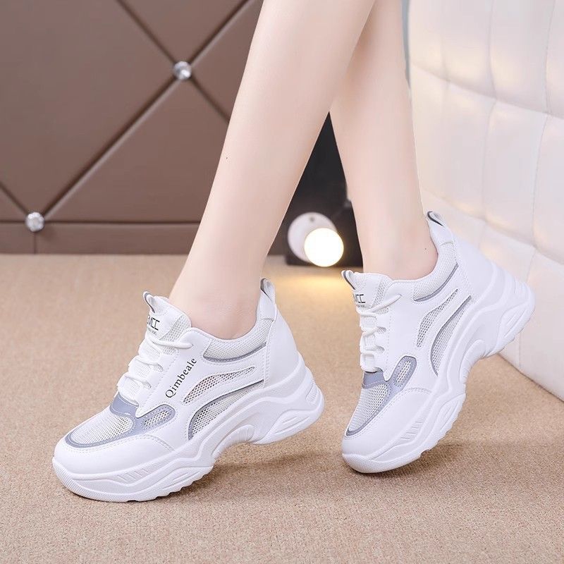 【2026年新款】时尚百搭透气厚底内增高小白鞋女网面透气老爹鞋ls 白色 37