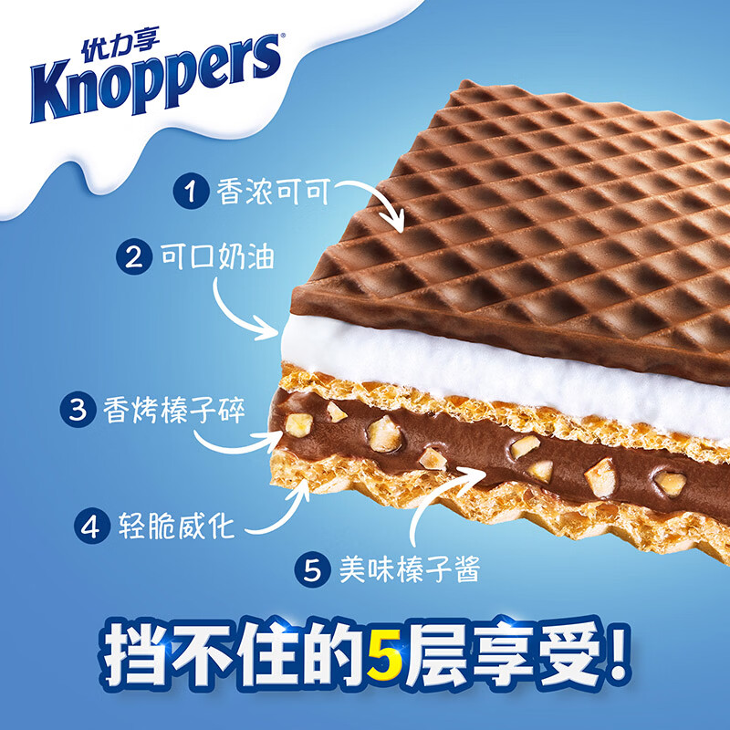 Knoppers优力享进口牛奶榛子巧克力威化饼干夹心网红休闲零食 10包装250g