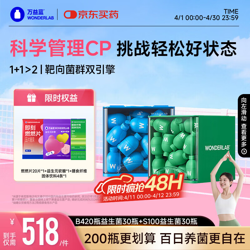 万益蓝WonderLab早B420晚S100组合30瓶+30瓶 B420+S100益生菌元棕色脂肪