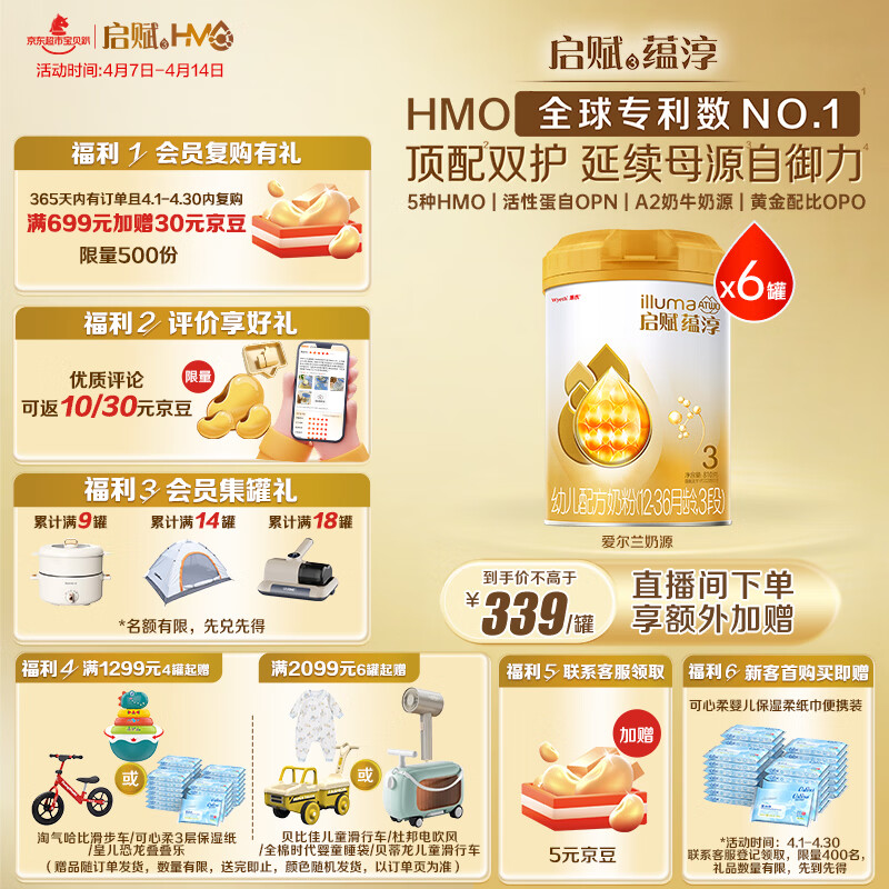 惠氏（Wyeth）启赋蕴淳进口幼儿配方奶粉3段（12-36月）810g*6罐 A2奶源HMO