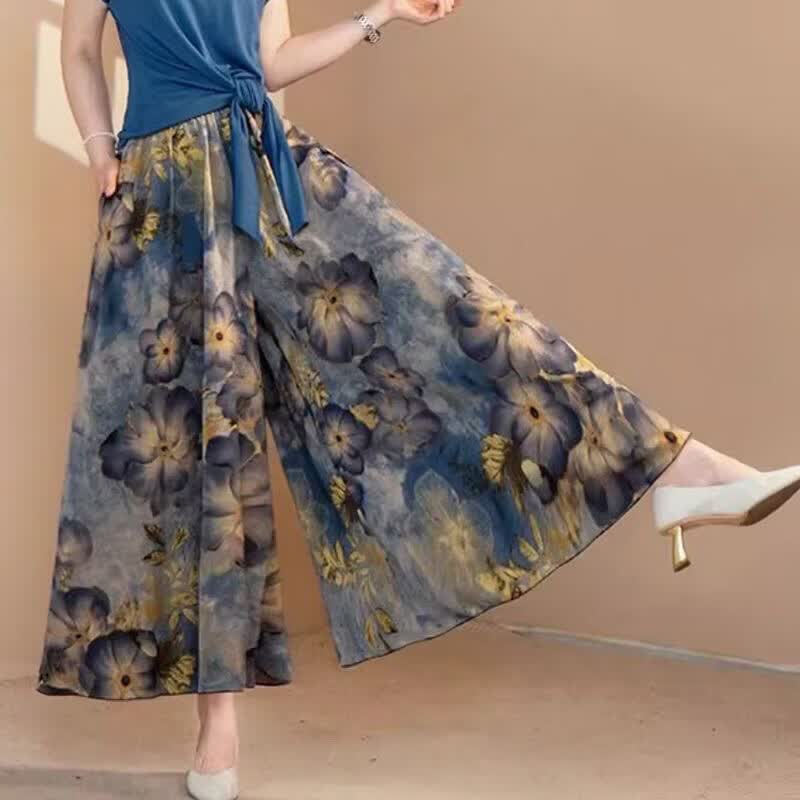 【人比花更美】26年爆款春夏季国风印花裙裤 高腰遮肉显高显腿长 【升级冰氧丝面料】蓝黄花（有口袋） 2XL 【建议体重140-160斤】