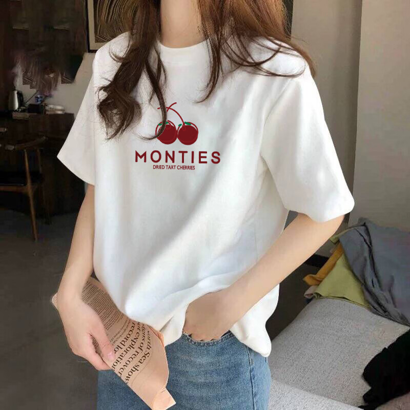 MDODC纯棉短袖t恤女夏季百搭显瘦半袖时尚白色体恤宽松休闲上衣女全棉 纯棉短袖-樱桃 M 建议95-110斤