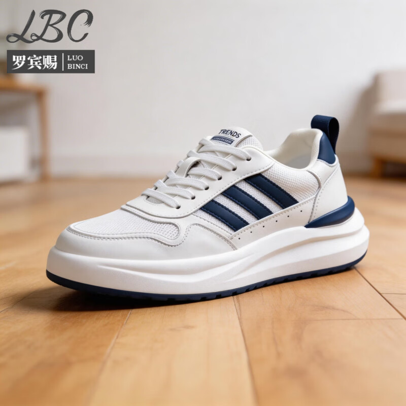 罗宾赐品牌轻奢男鞋2026新款真皮网面透气潮流休闲鞋男士百搭运动鞋子男 白蓝【网面透气】-高端男鞋 39