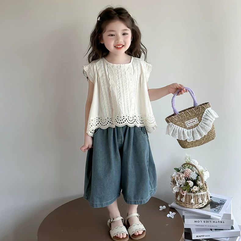 G.duck小黄鸭女童夏装儿童套装夏季童装女孩牛仔阔腿裤女宝宝夏日两件套 杏色上衣+阔腿牛仔裤 90 cm 【建议80-90cm 1-2周岁】