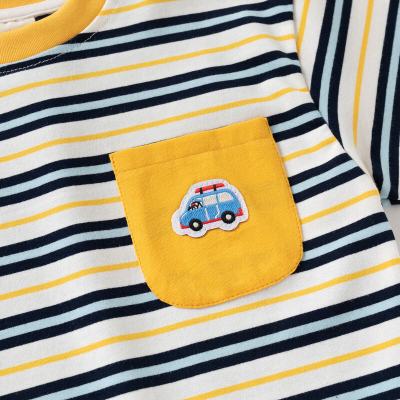 WELLKIDS男宝宝夏季透气纯棉衣服男童短袖短裤套装运动T恤上衣潮 紫口袋+卡其裤 90