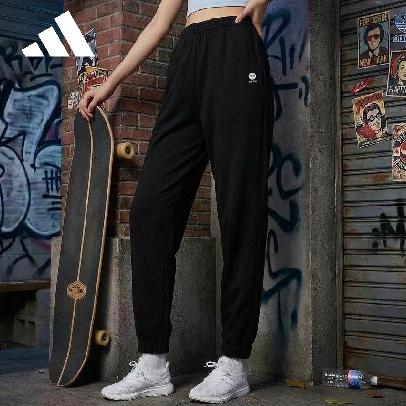 阿迪达斯（adidas）运动裤女休闲舒适耐磨宽松梭织跑步裤HF7308 黑色 L