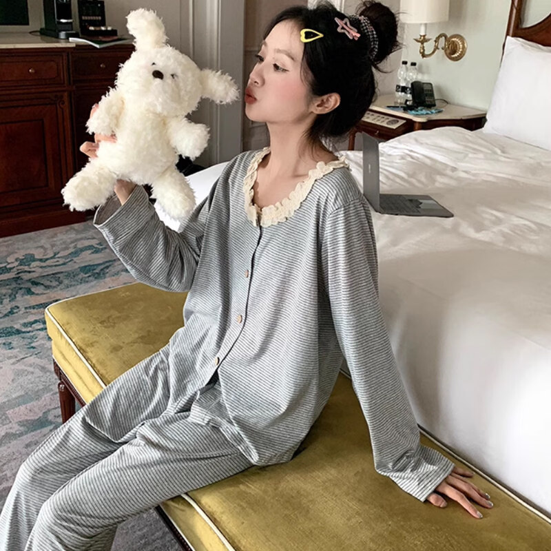 甜美系带胸垫春秋款纯棉月子服产后产妇秋冬孕妇哺乳衣睡衣家居服 DS2161蕾丝花边灰色条纹 【带胸垫/可拆卸】 M【建议体重105斤以内】
