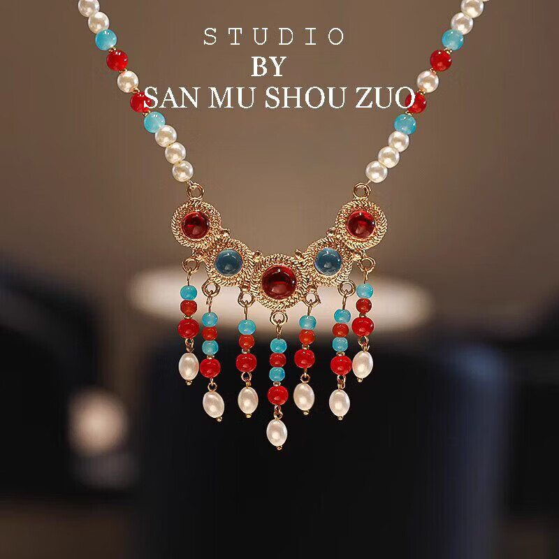 澳颜莱新中式古风小女孩中国风儿童汉服璎珞女童项链珍珠配饰马面裙中式 11#红蓝戒面项链