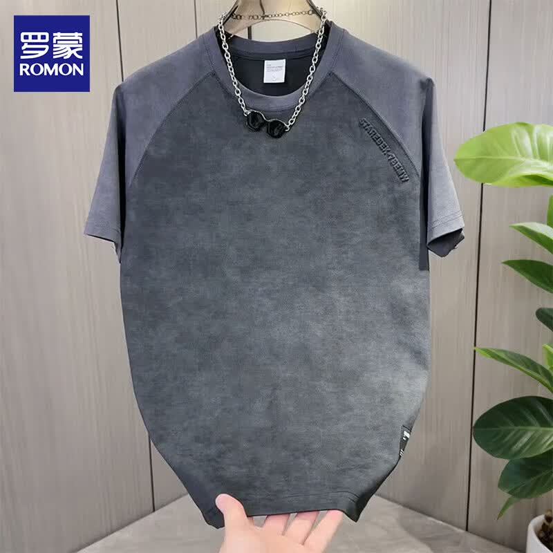 罗蒙2026夏季新款设计感短袖男轻奢扎染潮流上衣百搭圆领半袖T恤男装 146青灰 2XL 约145-155斤