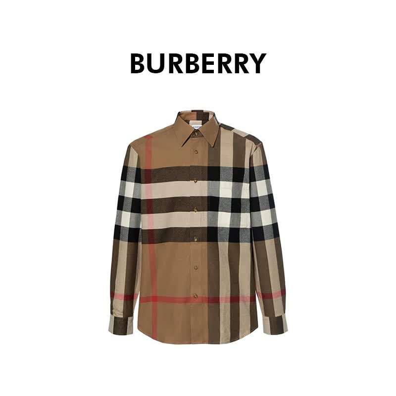 BURBERRY巴宝莉男士棕色拼色棉质格纹印花单排扣衬衫81121071 L 父亲节
