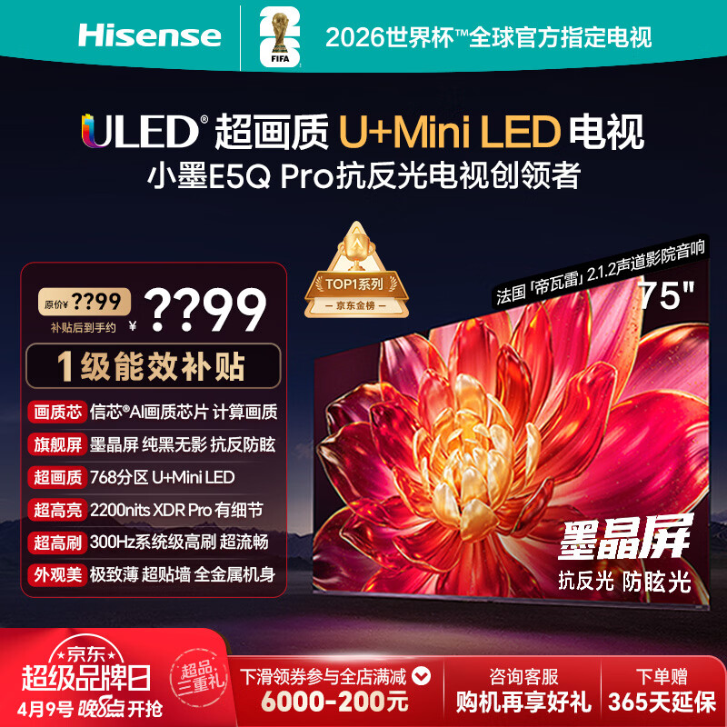 海信电视小墨E5Q Pro 75英寸【送装一体-固定挂架】768分区U+MiniLED 信芯芯片抗反光防眩光世界杯