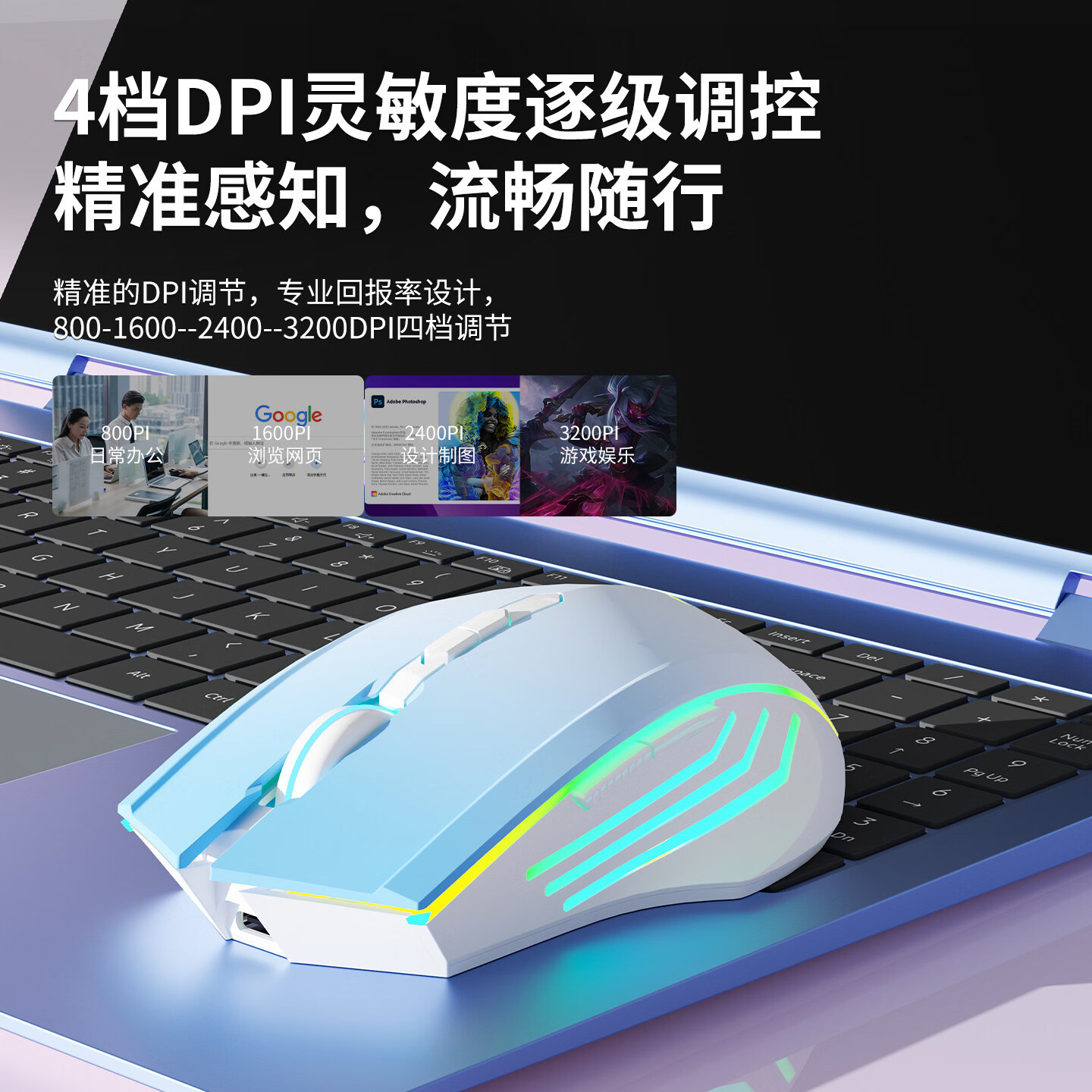 适用2026联想拯救者Y7000X/R9000P/R7000P游戏本鼠标电竞办公来酷斗战者战7000无线蓝牙静音充电 粉白渐变-单模-Typec+USB双接头