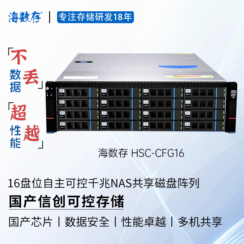 海数存国产信创自主可控存储，飞腾高性能企业级16盘位千兆网络存储，光纤磁盘阵列，多人共享存储空间  裸机(不含硬盘)