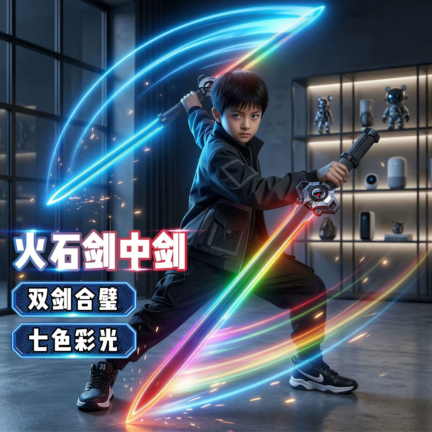 CCA爆款火石剑中剑七彩流光灯喷雾双剑儿童声光光剑战刃男孩玩具 黄金款