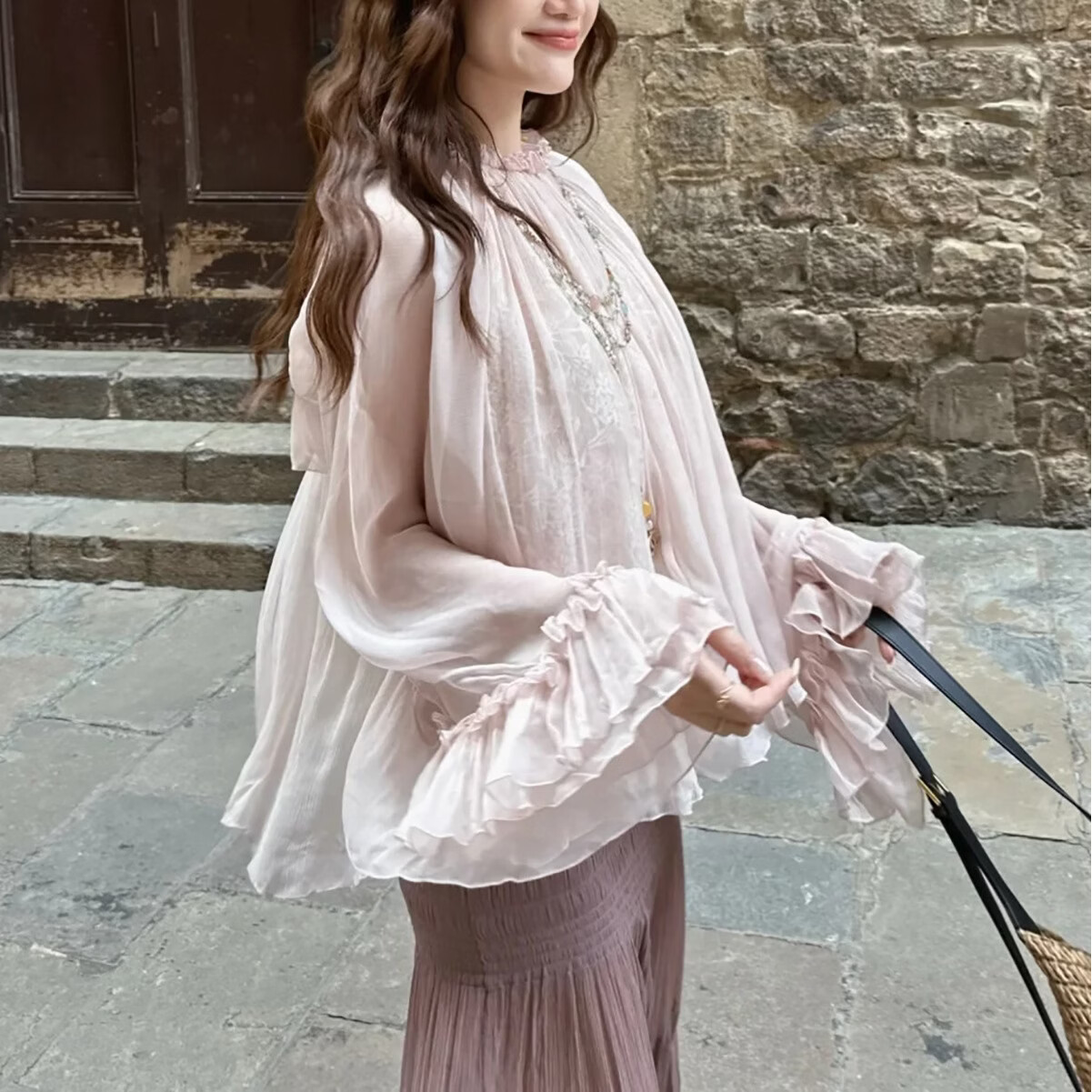 2026春 法式粉色蕾丝边女长袖人丝上衣 粉色上衣 L