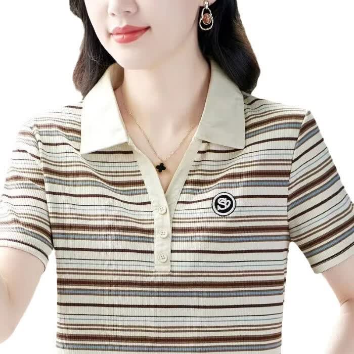 夏季新款短袖T恤休闲上衣年轻妈妈洋气减龄宽松显瘦打底衫外穿女 咖色 XL 【建议115-130斤】