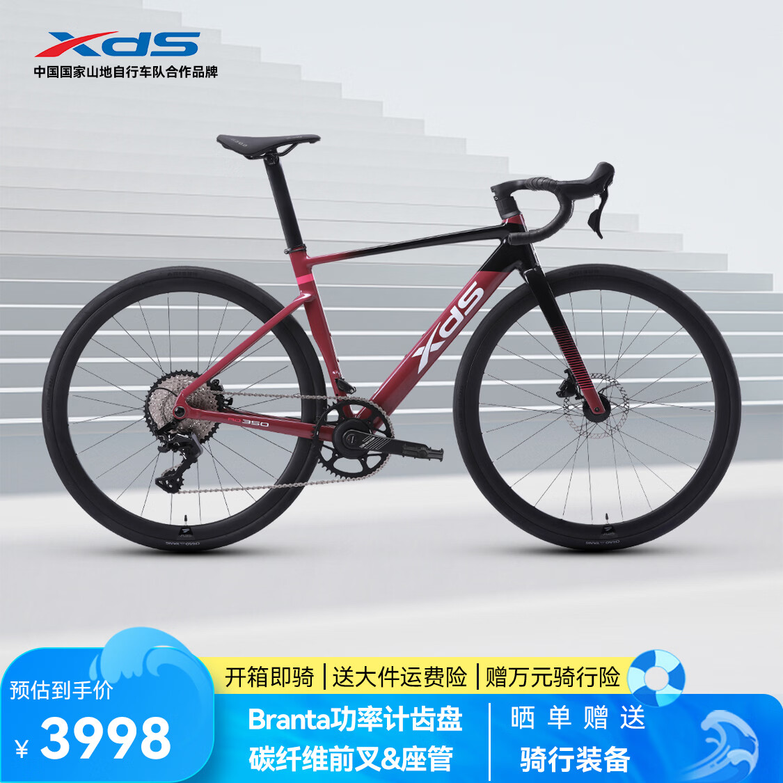 喜德盛公路自行车25款AD350碳纤前叉座管功率计齿盘铝合金超轻气动 车厘紫 480mm（适合身高165-175cm）