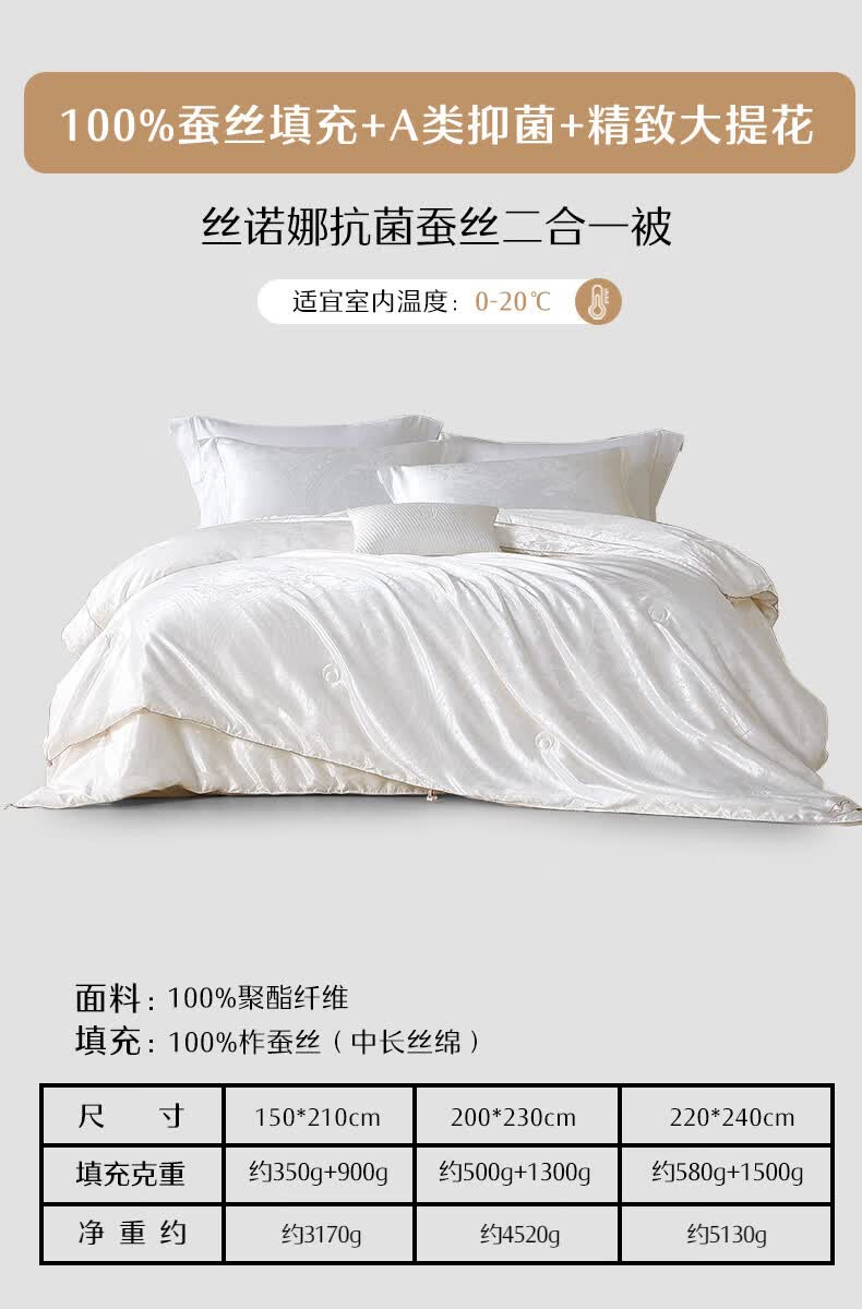 水星家纺被子100蚕丝被结婚春秋被四季被芯宿舍二合一子母被冬被 二合一被【100%蚕丝+A类抑菌+精致提花】丝诺娜 220x240cm