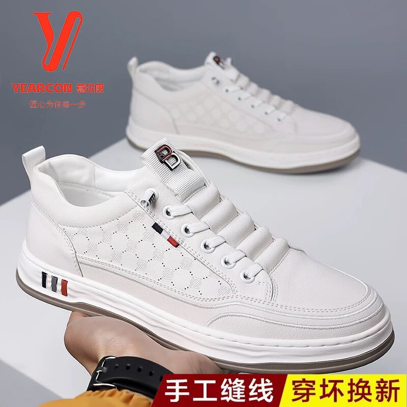 意尔康王子男鞋2026夏季新款真皮透气休闲板鞋男士百搭镂空潮流软底小白鞋男 米色 单层 真皮 40